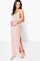 Boohoo Lacy Strappy Drape Front Thigh Split Maxi Dress Rose