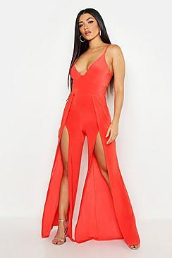 Boohoo Thigh Split Wide Leg Slinky Jumpsuit