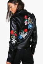 Boohoo Tall Shay Premium Embroidered Back Biker Jacket Black