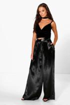 Boohoo Saskia Tie Waist Satin Woven Wide Leg Trousers Black