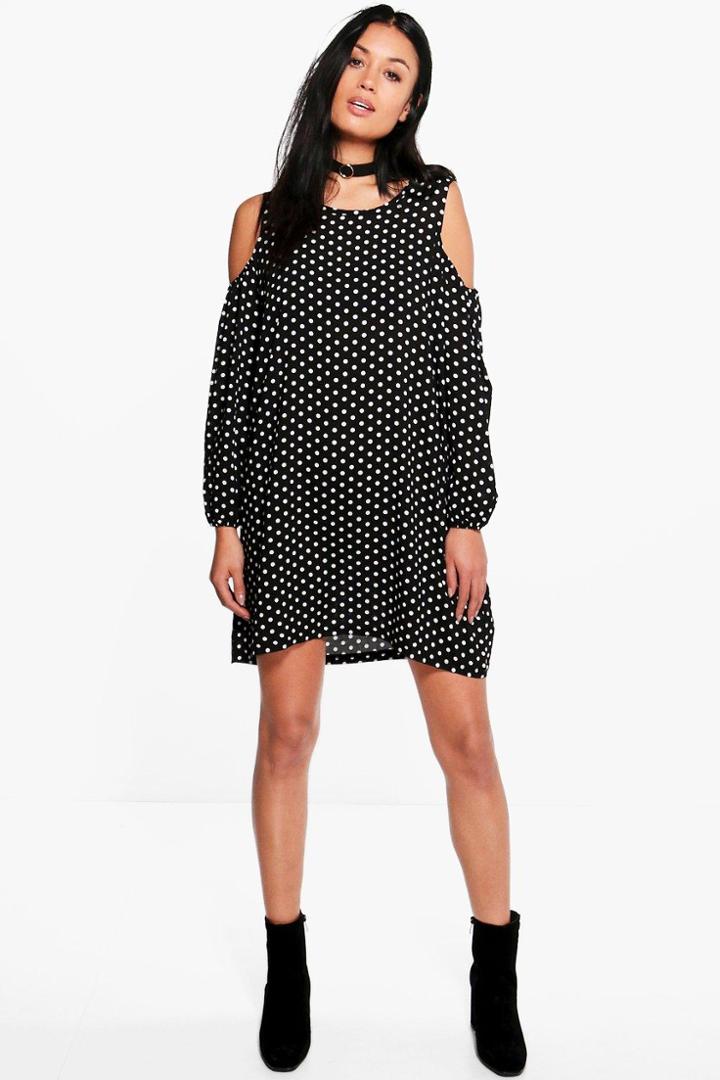 Boohoo Marie Polka Dot Cold Shoulder Swing Dress Black