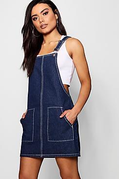 Boohoo Contrast Stitch Denim Pinafore Dress