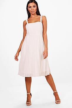 Boohoo Square Neck Pleated Skater Dress