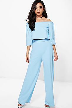 Boohoo Justine Off The Shoulder Crop Wide Leg Co-ord