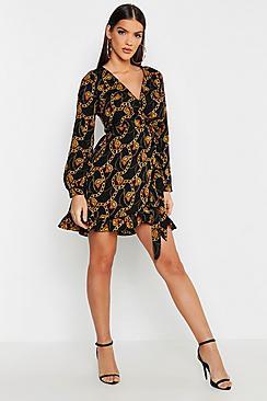 Boohoo Woven Chain Print Ruffle Wrap Dress