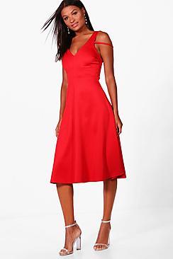 Boohoo Rosie Cold Shoulder Strap Detail Midi Skater Dress