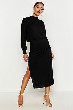 Boohoo High Neck Heavyweight Ribbed Top & Midi Skirt Co-ord