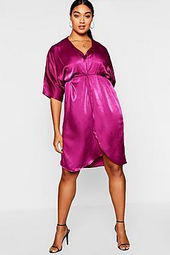 Boohoo Plus Kimono Sleeve Hammered Satin Dress