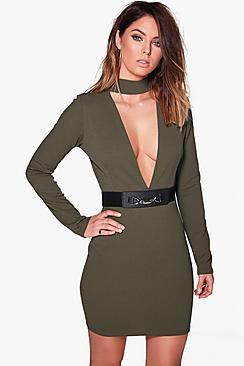 Boohoo Rae Belted Choker Long Sleeved Bodycon Dress