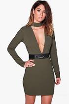 Boohoo Rae Belted Choker Long Sleeved Bodycon Dress