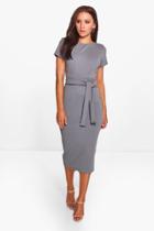 Boohoo Eva Pleat Front Belted Tailored Midi Dress Smoke