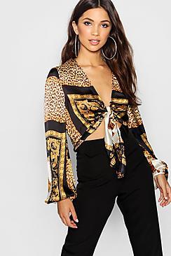 Boohoo Chain Leopard Print Tie Front Top