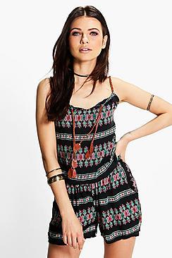 Boohoo Megan Plaited Strap Printed Playsuit