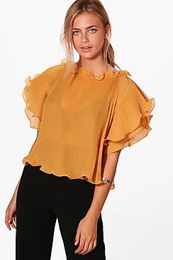 Boohoo Joslyn Crinkle Off The Shoulder Frill Sleeve Top