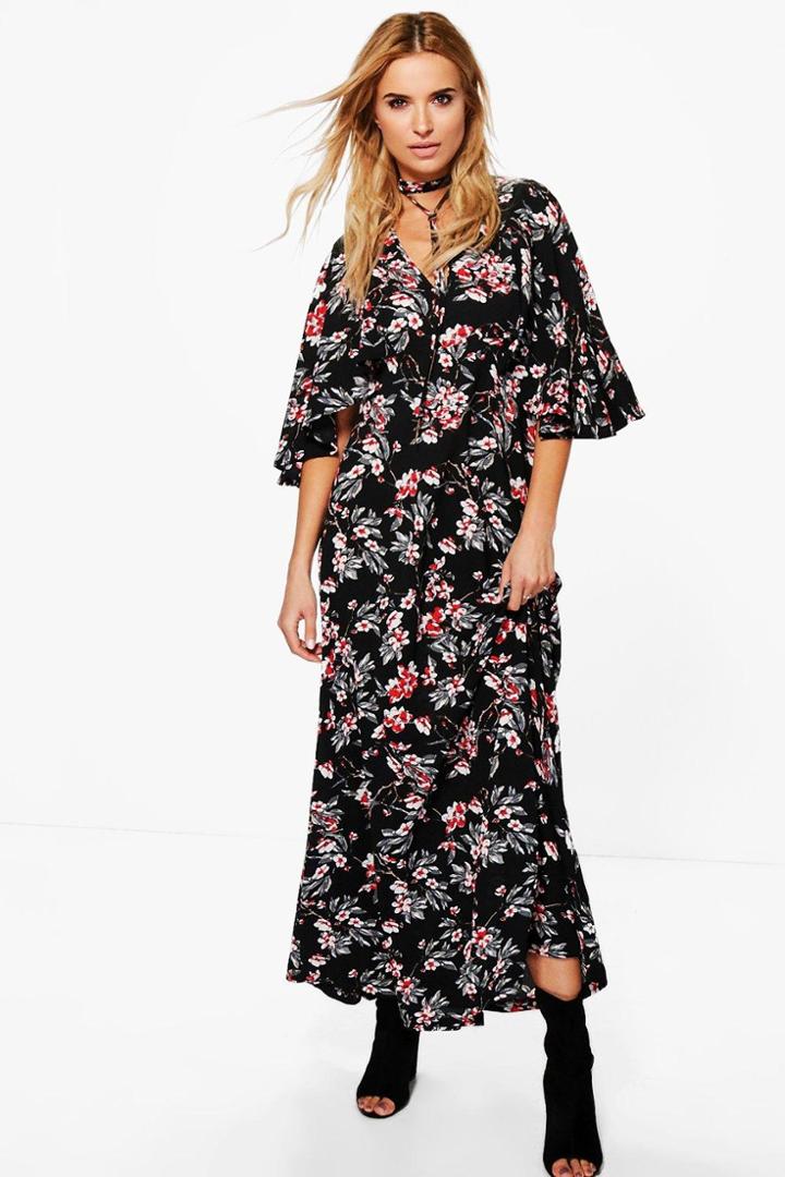 Boohoo Ama Floral Neck Tie Angel Sleeve Maxi Dress Black