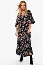 Boohoo Ama Floral Neck Tie Angel Sleeve Maxi Dress Black