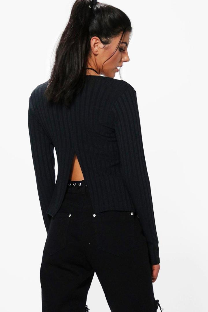 Boohoo April Rib Split Back Long Sleeve Crop Top Black