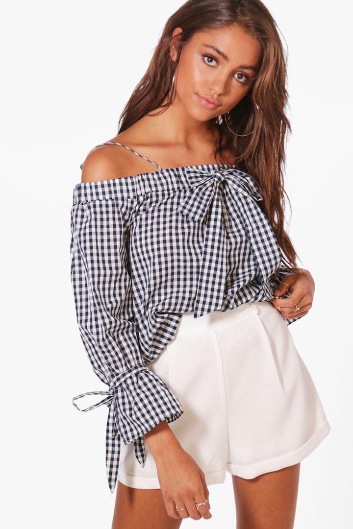 Boohoo Layla Gingham Cold Shoulder Top Navy