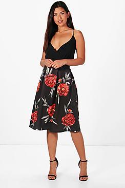 Boohoo Charlotte Red Floral Full Box Pleat Midi Skirt