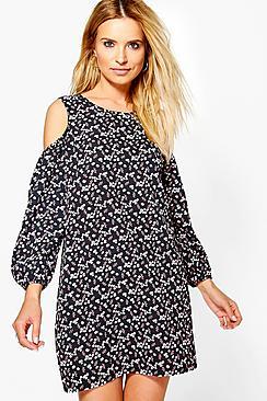 Boohoo Romona Floral Cold Shoulder Shift Dress