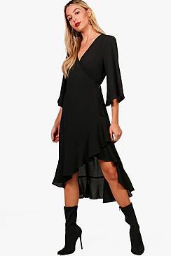 Boohoo Ry Fluted Sleeve Ruffle Hem Wrap Tea Dress
