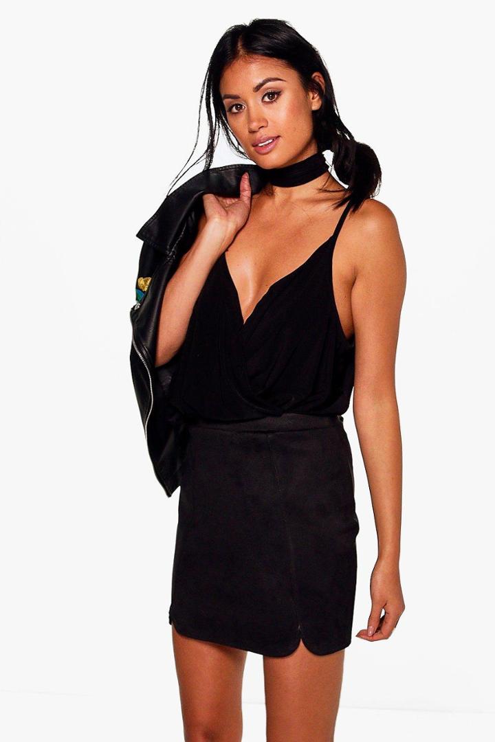 Boohoo Louella Curve Hem Bonded Suedette Mini Skirt Black