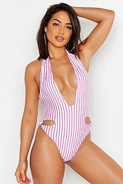 Boohoo Pinstripe Cut Out Plunge Swimsuit