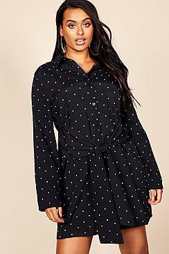 Boohoo Plus Micro Polka Dot Tie Front Shirt Dress