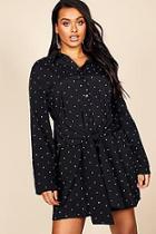 Boohoo Plus Micro Polka Dot Tie Front Shirt Dress