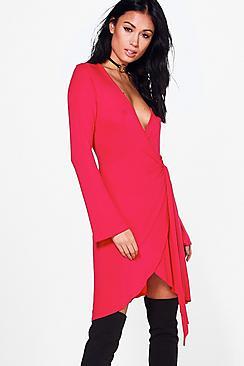 Boohoo Charlie Long Flare Sleeve Wrap Dress