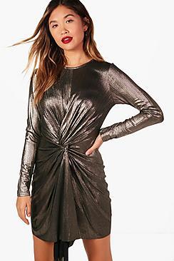 Boohoo Sarah Metallic Drape Detail Bodycon Dress