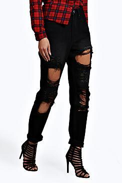 Boohoo Maisie Black Dirty Wash Distressed Mom Jeans