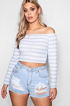 Boohoo Plus Stripe Rib Off Shoulder Crop Top