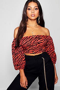 Boohoo Petite Zebra Print Mock Horn Button Crop Top