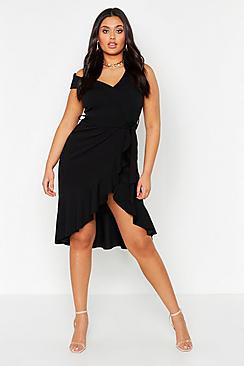 Boohoo Plus Asymmetric Belted Ruffle Hem Midi Dress