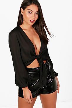 Boohoo Tie Wrap Front Blouse