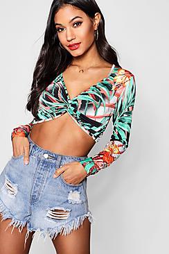 Boohoo Ellie Tropical Print Slinky Twist Front Crop