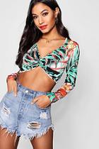 Boohoo Ellie Tropical Print Slinky Twist Front Crop