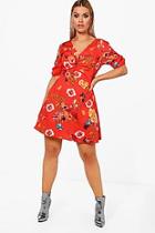 Boohoo Plus Rita Ruched Front Floral Skater Dress