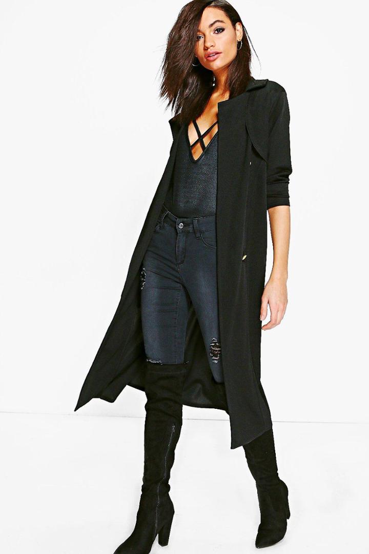 Boohoo Molly Double Breasted Midi Trench Black