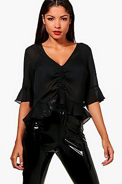 Boohoo Ruched Front Ruffle Hem Blouse
