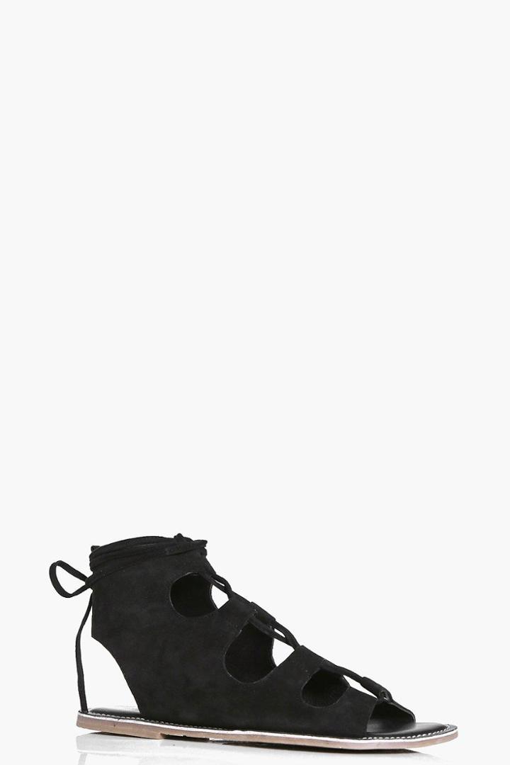 Boohoo Tilly Suede Ghillie Lace Up Sandal Black
