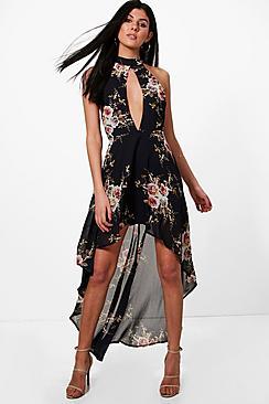 Boohoo Paula Dark Floral Chiffon Halter Maxi Dress