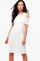 Boohoo Una Ruffle Cold Shoulder Rib Knit Jumper Dress White