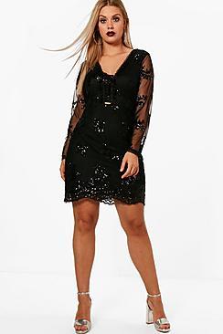 Boohoo Plus Sarah Sequin Lace Up Detail Bodycon Dress