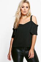 Boohoo Plus Layla Crepe Ruffle Cold Shoulder Top