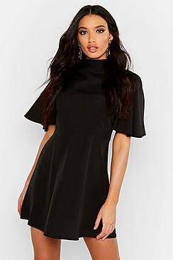 Boohoo High Neck Flutter Sleeve Skater Dress