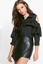 Boohoo Amy Long Sleeve Frill Detail Cold Shoulder Shirt Black