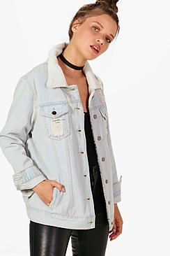 Boohoo Jennifer Oversize Distressed Borg Lined Denim Jacket