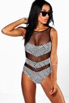 Boohoo Gorgona Mono Print Mesh Chevron Bathing Suit Black